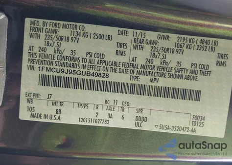 2016 Ford Escape Titanium z USA, uszkodzony, nr VIN 1FMCU9J95GUB49828